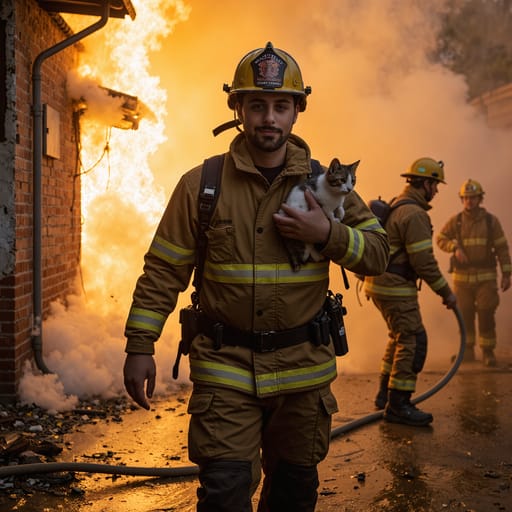 AI generated image - firefighter saving cat